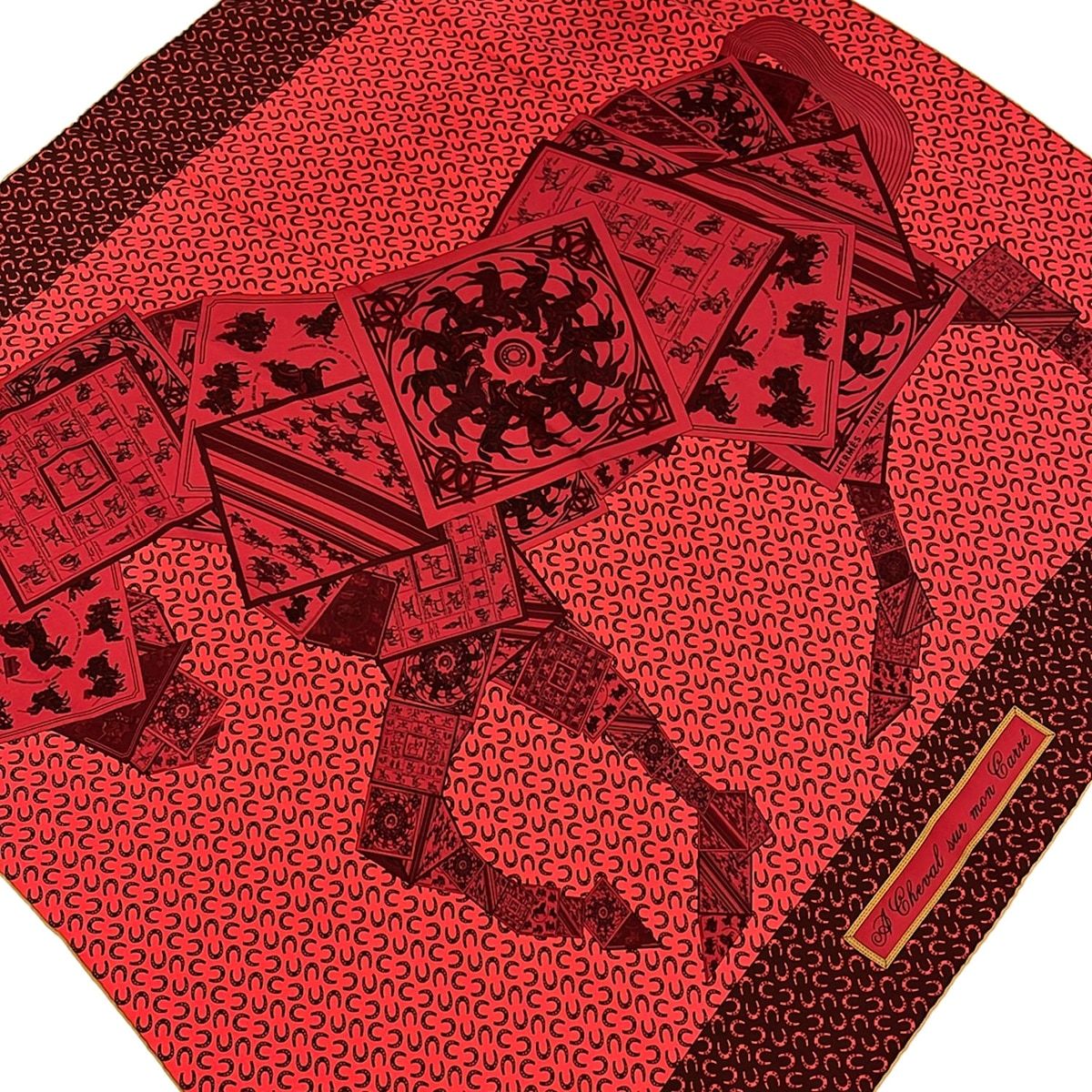 HERMES(エルメス) スカーフ美品 カレ90 レッド×ボルドー×黒 A Cheval sur mon Carre/馬