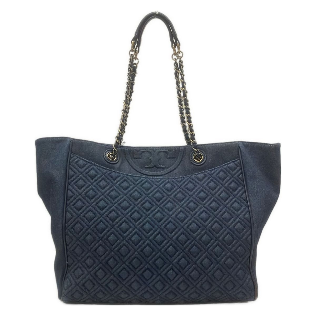 TORY BURCH(トリーバーチ) トートバッグ - ネイビー コットン、レザー
