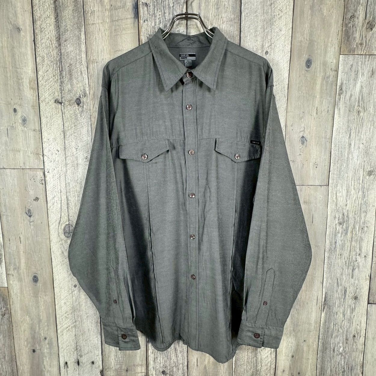 OLD GUESS JEANS 90s ゲス ジーンズ グレー 長袖 無地 レーヨン ドレス シャツ メンズ XL サイズ 5,772円