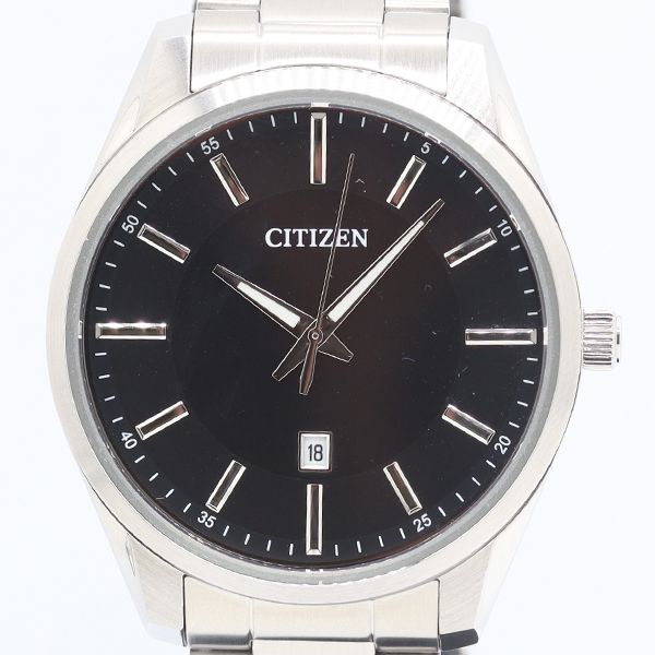 美品 稼働 シチズン 1112-S127491 QZ デイト ブラック文字盤 メンズ腕時計 9933000 5KHT KZK ABC23325