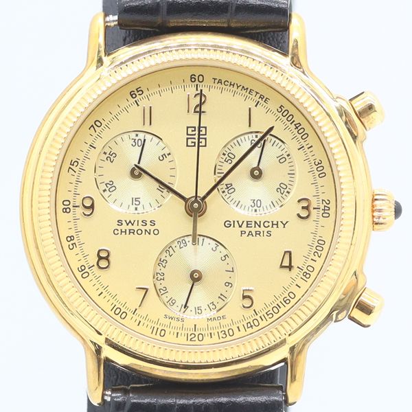 良品 稼働 ジバンシイ REG.MODEL QZ クロノグラフ スモセコ デイト ゴールド文字盤 メンズ腕時計 0165000 5GTT KZK ABC23329
