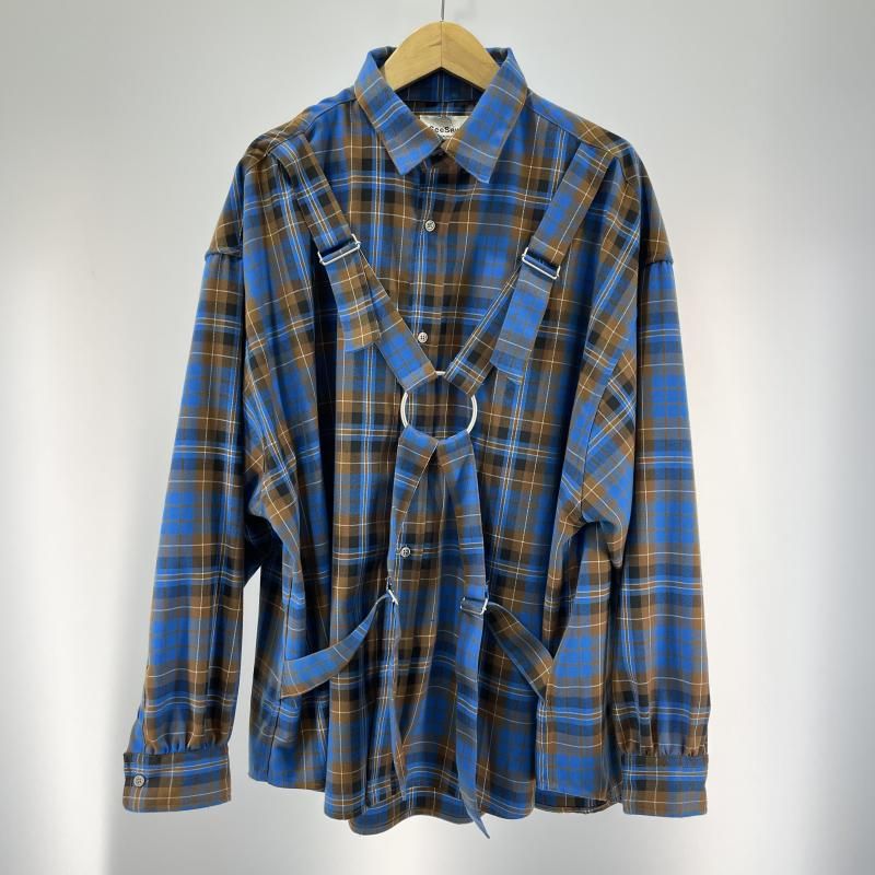 【中古】SeeSew パラシュートチェックシャツ サイズL ブルー シーソー[19]