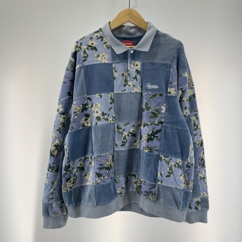 【中古】Supreme Floral Patchwork Velour Polo ブルー サイズL シュプリーム フローラル パッチワーク ベロア ポロシャツ[19]