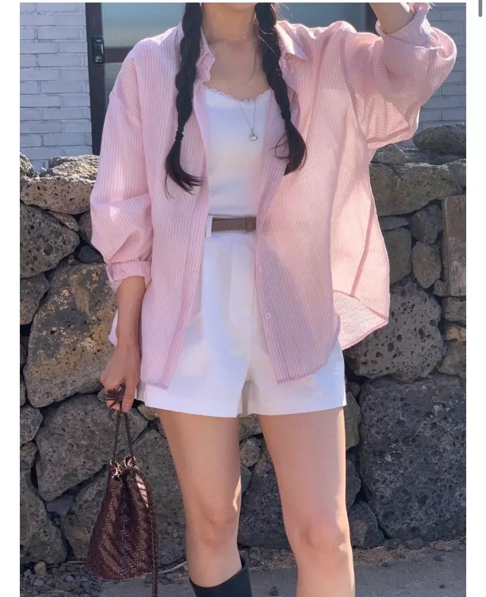 実際に着用1回) オーバーサイズ 夏 サマー ストライプ シャツ ピンク テンセル シアー 旅行 休暇 5,545円