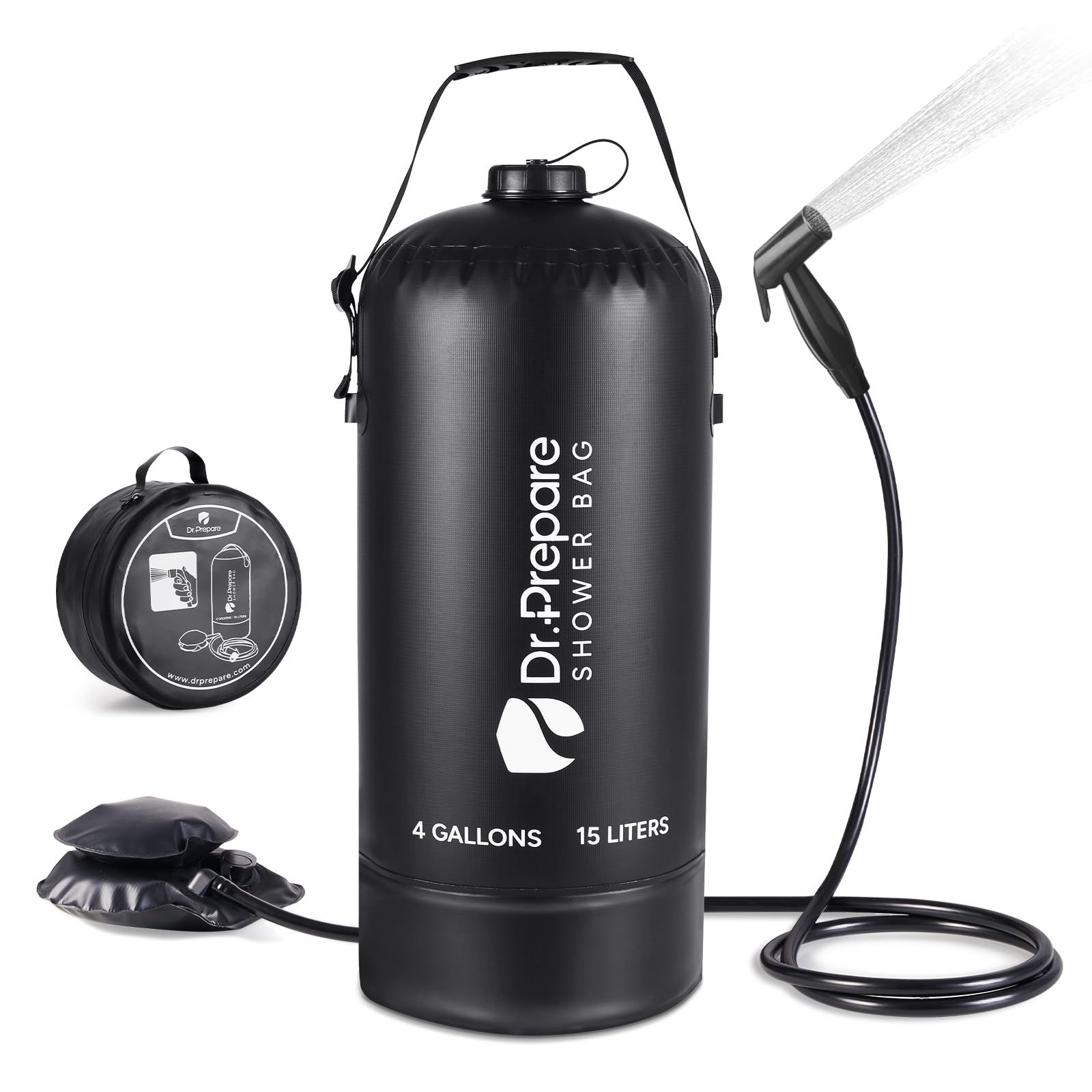 DR.PREPARE ポータブルシャワー 簡易 アウトドア 手動 加圧式 キャンプ 海 ポンプ ソーラー加熱 防災 15Lタンク ブラック★m c4cad734