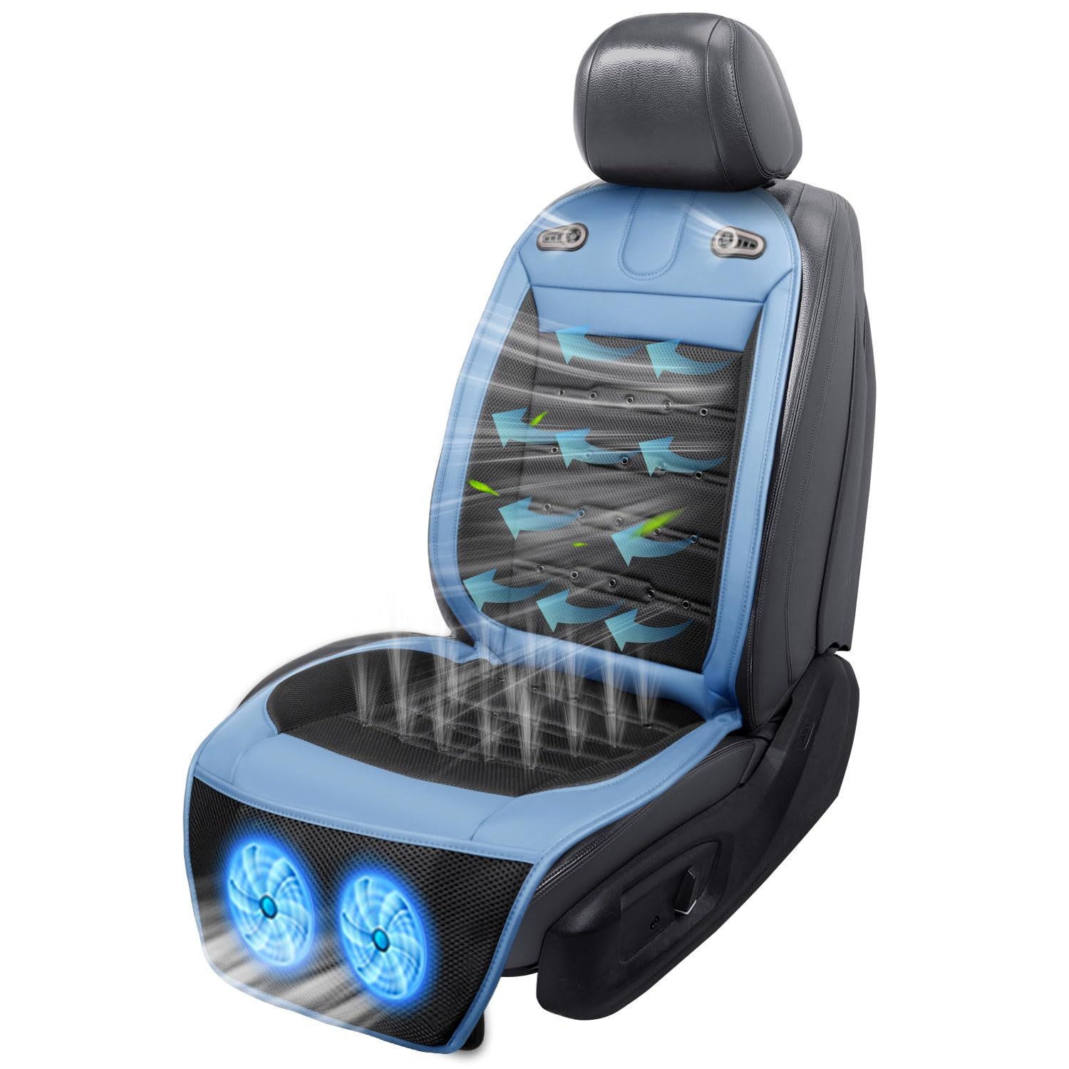 クールシート 車 シートクーラー【2026新登場 2枚超大型ファン DC12V/24V対応】無段階風量調整 夏用 蒸れない 通気性向上 滑り止め 簡単装着 熱中症対策 日本語説明書付き (ネイビー/40個送風穴+首元2個吹出し口)★m abd92908