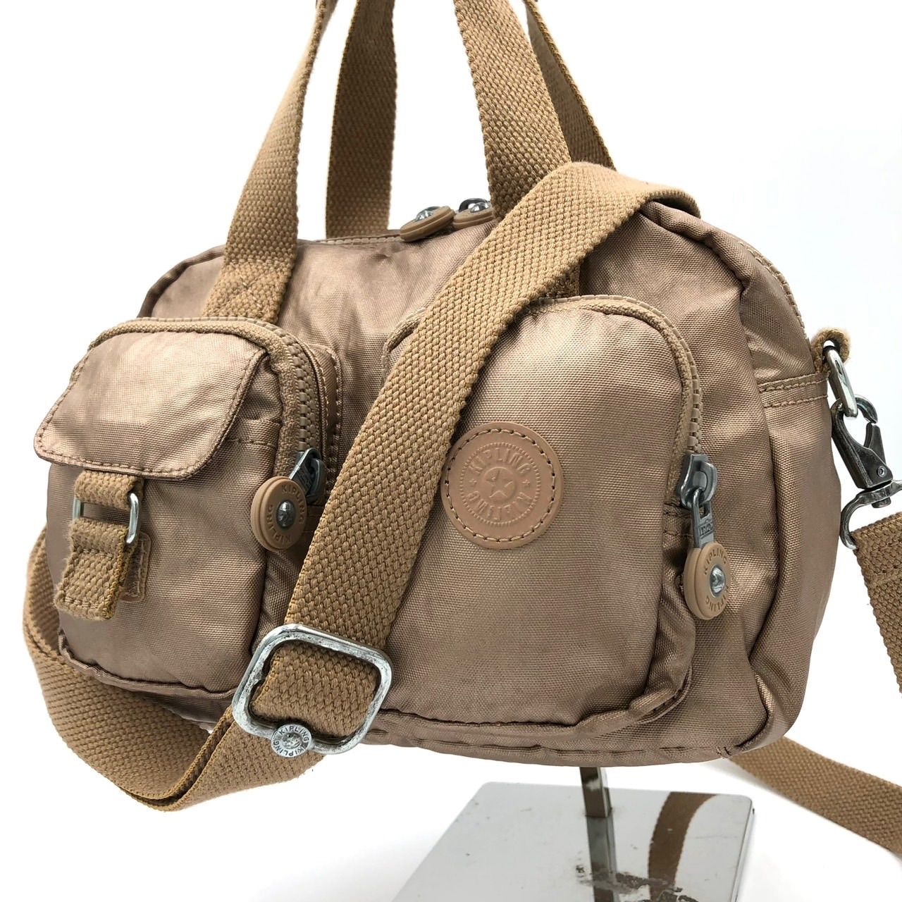 【美品】キプリング Kipling 2way ショルダーバッグ ハンドバッグ ナイロン ベージュ