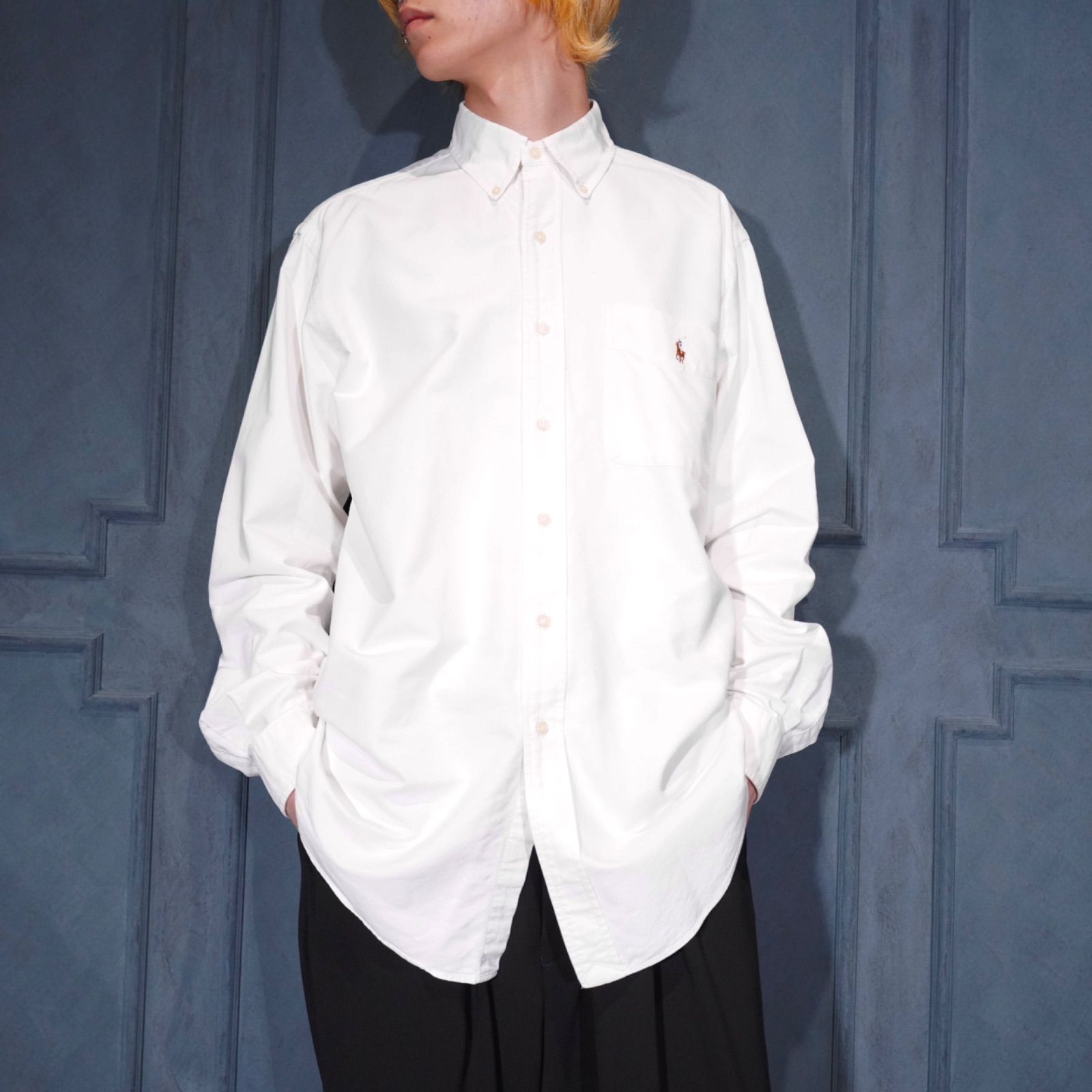 USA VINTAGE Ralph Lauren HORSE EMBROIDERY DESIGN WHITE COLOR BD OXFORD SHIRT/アメリカ古着ラルフローレンホース刺繍デザインホワイトカラーボタンダウンオックスフォードシャツ