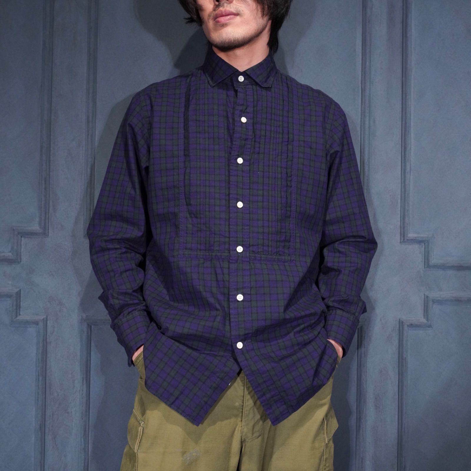 USA VINTAGE RALPH LAUREN CHECK PATTERNED TUCK DESIGN DRESS SHIRT/アメリカ古着ポロバイラルフローレンチェック柄タックデザインドレスシャツ