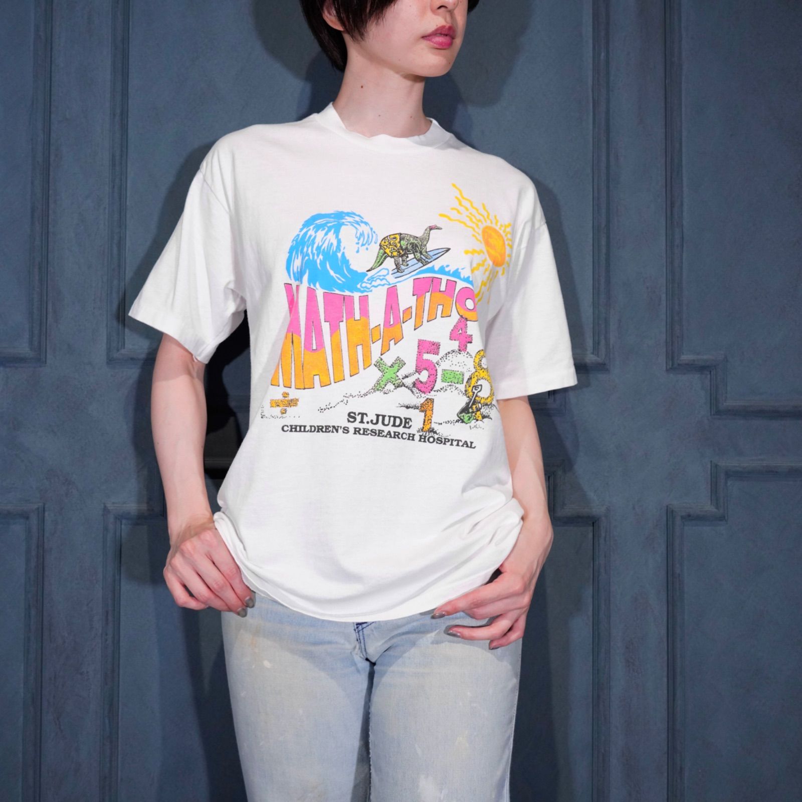 90's USA VINTAGE Cal Cru MATH-A-THON PRINT DESIGN T SHIRT/90年代アメリカ古着数学マラソンプリントデザインTシャツ