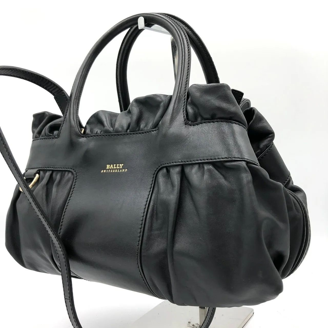 バリー BALLY 2way ハンドバッグ ショルダーバッグ レザー 黒 ギャザー