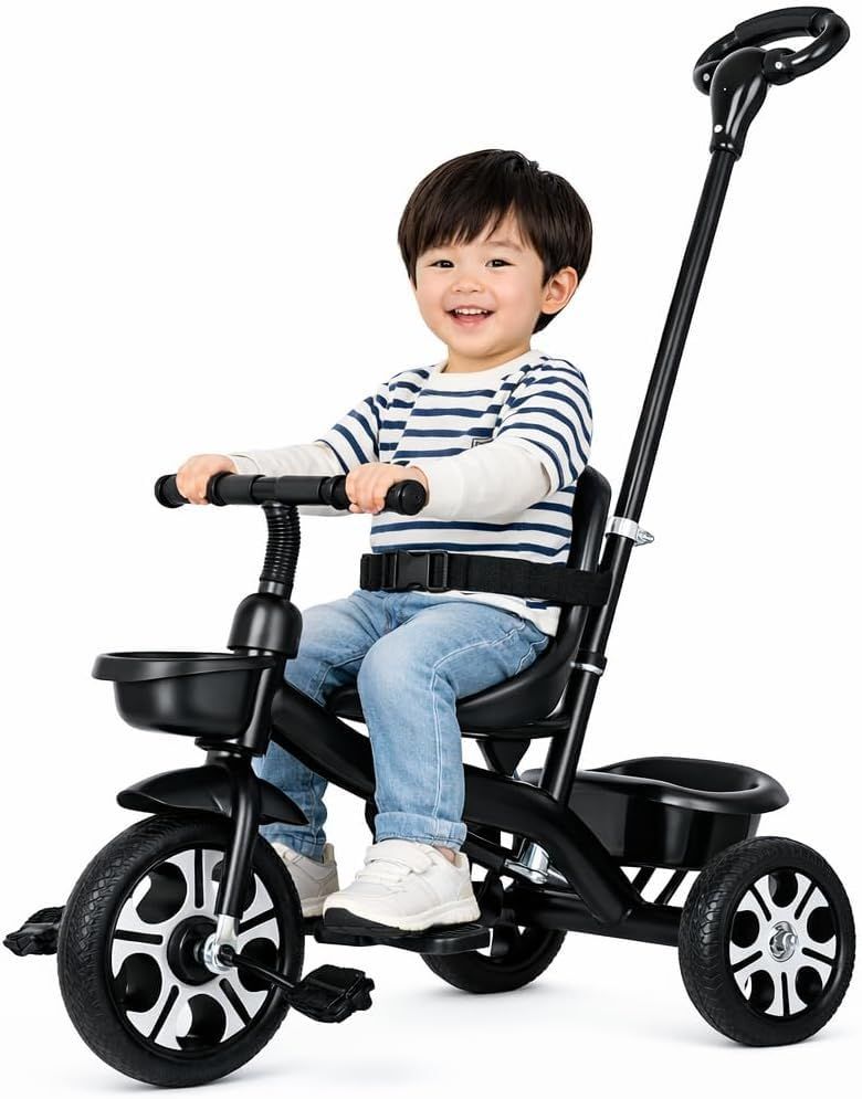 三輪車 押し棒付き｜安全ベルト搭載 超軽量・組立簡単 室内/屋外対応 ブラック ギフト向けセット付★ 8e338427