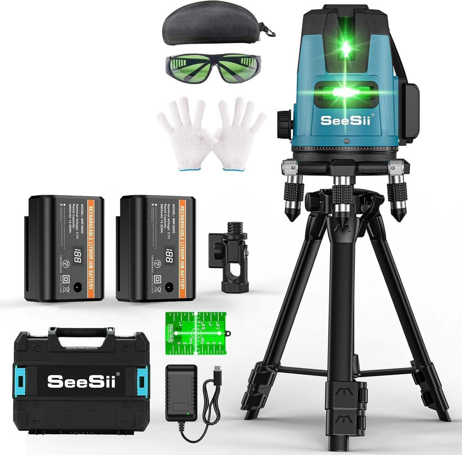 SEESII レーザー墨出し器 グリーンレーザー 5ライン 電量LCDディスプレー搭載 水平器レーザー 墨出し器 5線6点 レーザーレベル 三脚 屋外 回転レーザー線 高輝度 高出力 軽量作業 タイルの張替え 建設 建築 DIY 2個大容量バ c5b30b6a