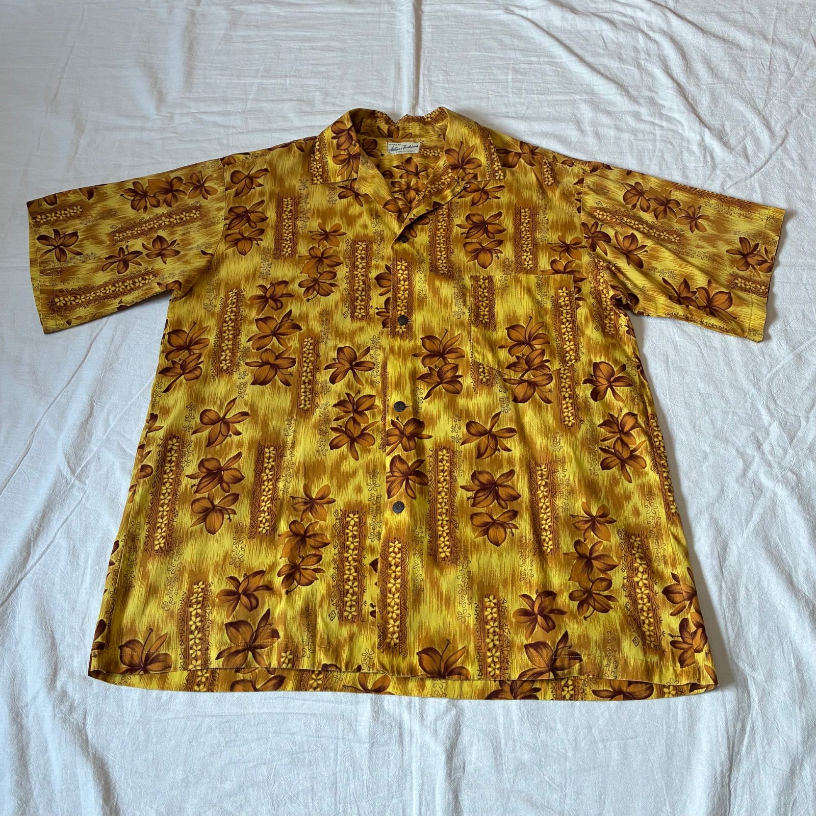 50s 60s Aikas Fashions アロハシャツ オープンカラー ハイビスカス ベージュ
