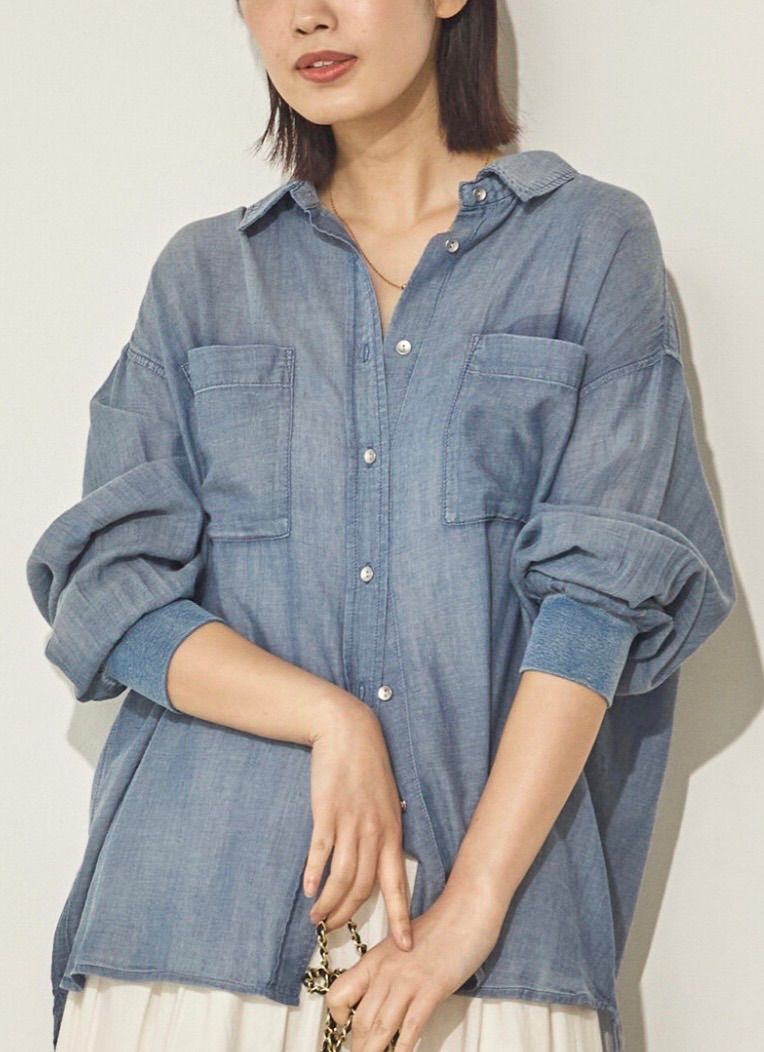 【数量限定SALE】シアーデニム袖リブシャツ／インディゴブルー　ネイビー　2点 シアーデニム袖リブシャツ/インディゴブルー/ネイビー/ライトブルー