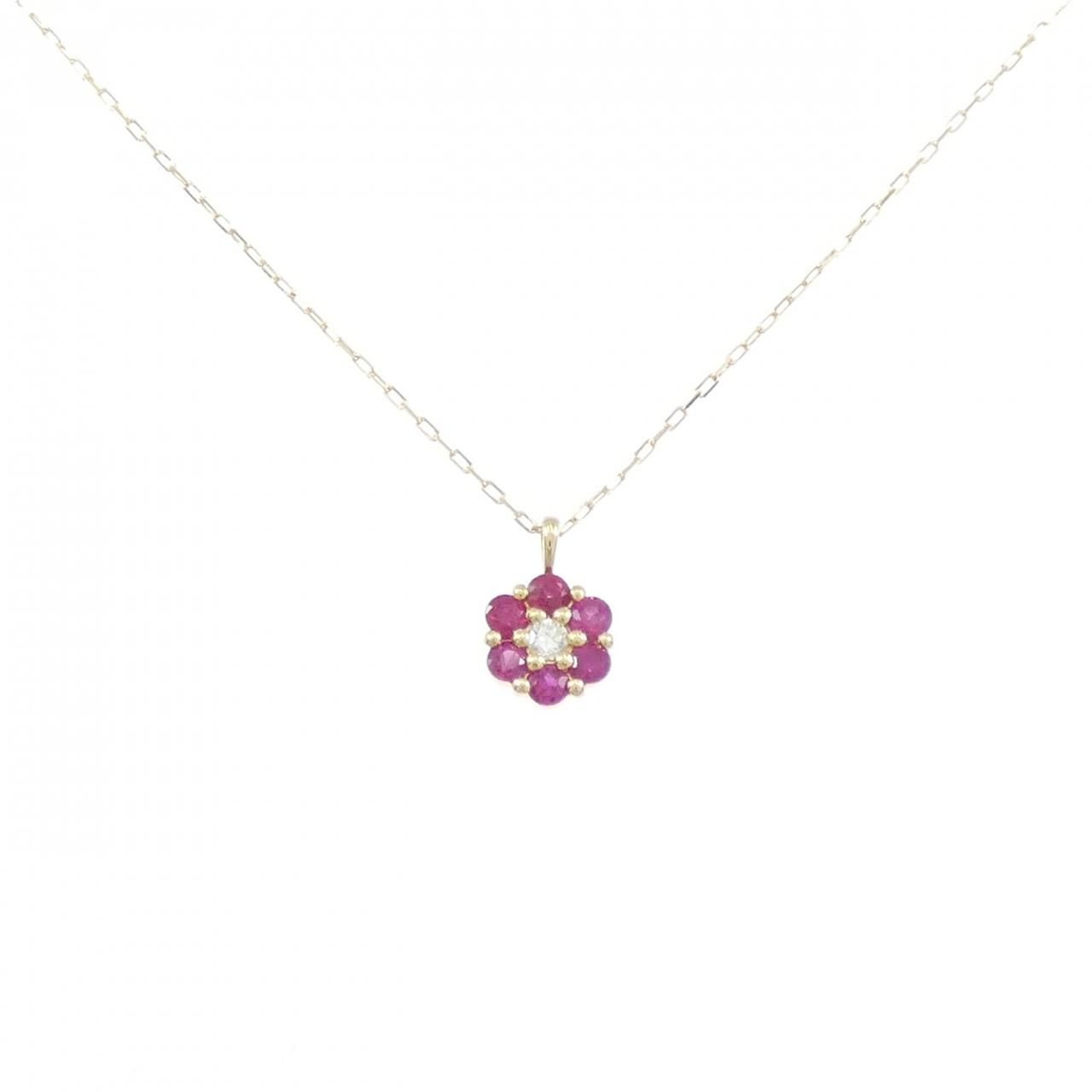 【新品】K18YG フラワー ルビー ネックレス 0.12CT