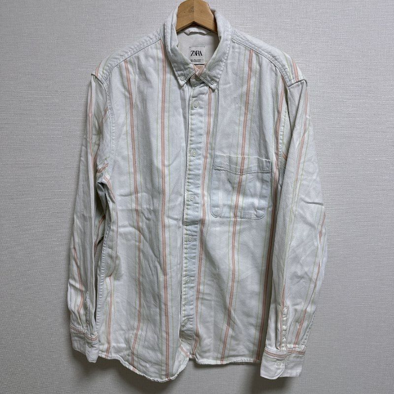 (^w^)b ZARA ザラ デニムシャツ・ダンガリーシャツ 長袖シャツ 長袖 ボタンダウンカラー 胸ポケット付き ストライプ ZARA シャツ 春 秋 カジュアル ボタンダウン ストライプ柄 胸ポケット カラーストライプ メンズ サイズL OM12387HG