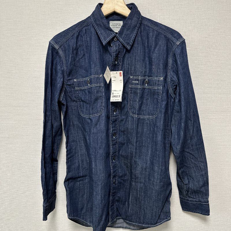 (^w^)b UNIQLO ユニクロ デニムシャツ・ダンガリーシャツ 長袖シャツ 長袖 襟付き 前開き ボタン留め 胸ポケット付き 白ステッチ 織り柄 AUTHENTIC ORIGINAL SHELL QUALITY メンズ サイズS OM12115HG