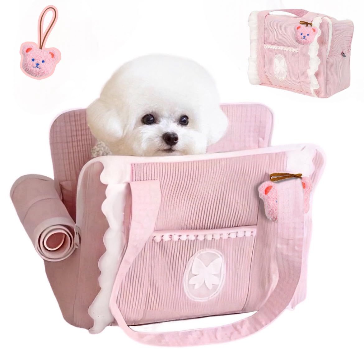 Fudia ペットキャリーバッグ 犬 猫 キャリーバッグ ペットトートバッグ 可愛い 小型犬 軽量 折りたたみ 顔出し くまちゃんネームチャーム付き 外出用 肩掛け 底板付き 人気 避難 メッシュ 旅行 (M, くまちゃん ベビーピンク)★ ea90d044
