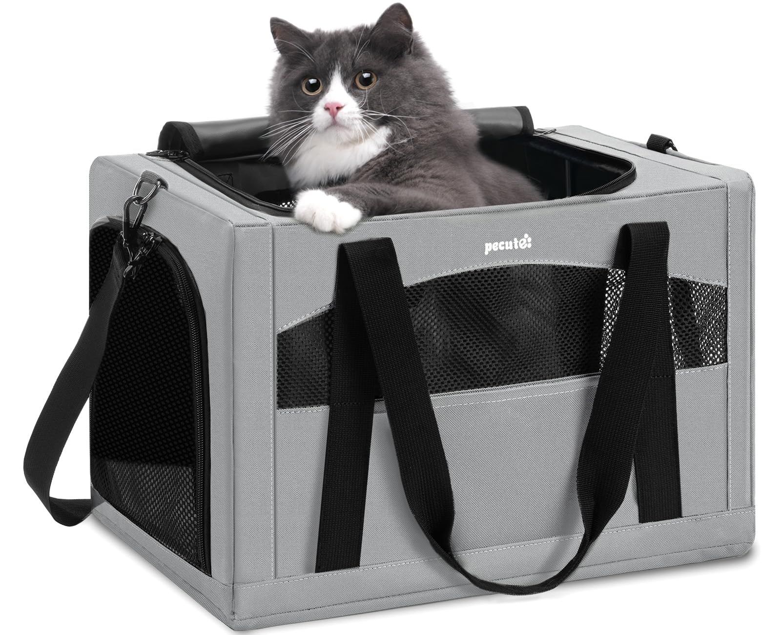 Pecute ペットキャリー 猫キャリー バッグ 手提げ 猫 キャリー ショルダー 猫 きゃりーバッグ 猫 ウサギ 小型犬 小動物用 リュック 通気性 折りたたみ お出かけ ドライブ 旅行 通院 防災 避難用 ライトグレー★ 507436db