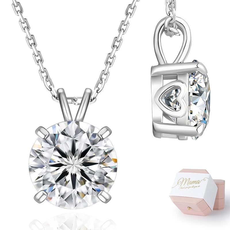 KRKC&CO モアサナイト レディースネックレス 誕生日プレゼント女性 シルバー925 一粒ダイヤネックレス モアッサナイト ペンダントトップ 4/6本爪 0.5/1/2/3ct 金属アレルギー対応 ホワイトゴールメッキ 長さ調節 (4本爪-シルバー | 母