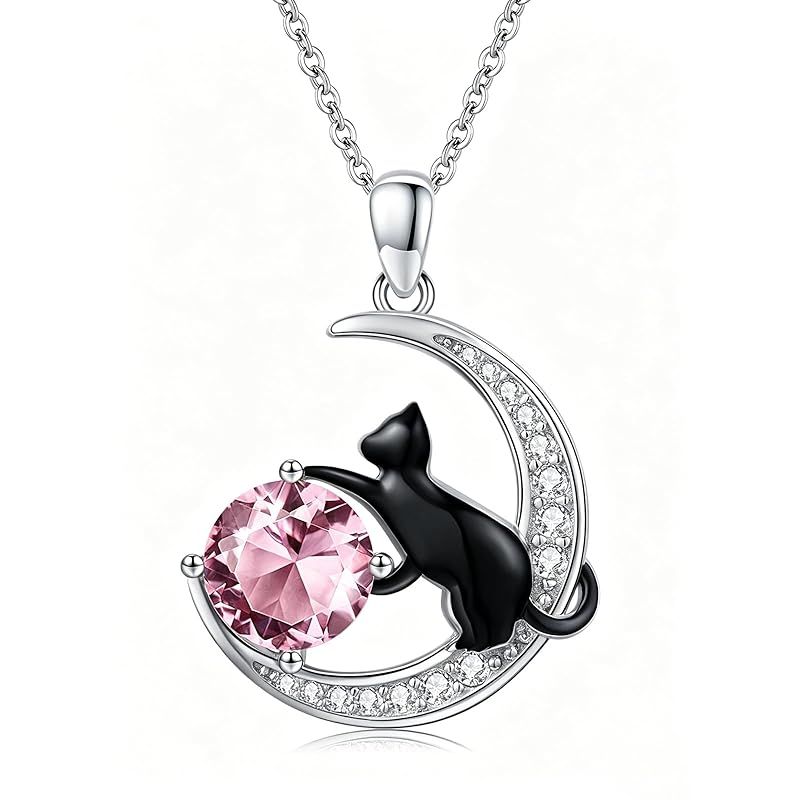 [StoryMidir] 猫 ネックレス 10月 誕生石 ペンダント ピンク シルバー925 金属アレルギー対応 ネコ 可愛い ペンダント 桜色 月 アニマル 黒猫 チェーン付き 45+5cm ねこ アクセサリー ジュエリー 女性 贈り物 ギフト 誕生日 プレ