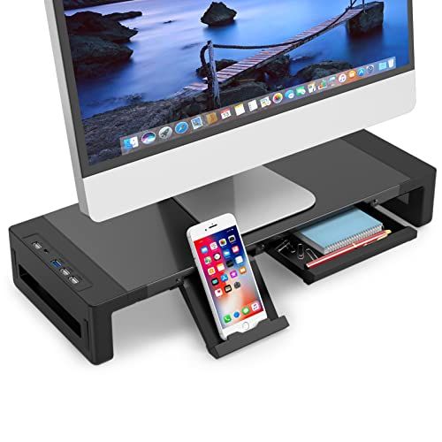 EAYHM モニター台 USB2.0/3.0 机上台 USB/TYPE-C充電付き PCスタンド スチール製 耐荷重30kg ノートパソコン/プリンター/iMac/タブレットパソコンに適用 引き出しとスマホホルダー付き (52*20*8.5C a5c8af0f