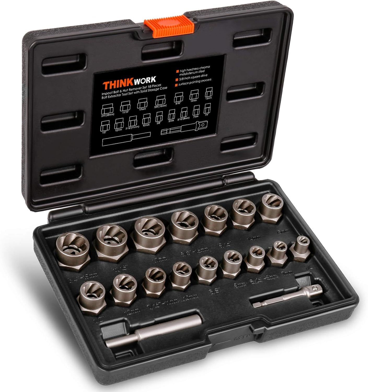 THINKWORK Bolt Extractor Set, 18 Pieces Impact Bolt & Nut Remover Set, Stripped Lug Nut Remover, Extraction Socket Set fo 156a4e0f