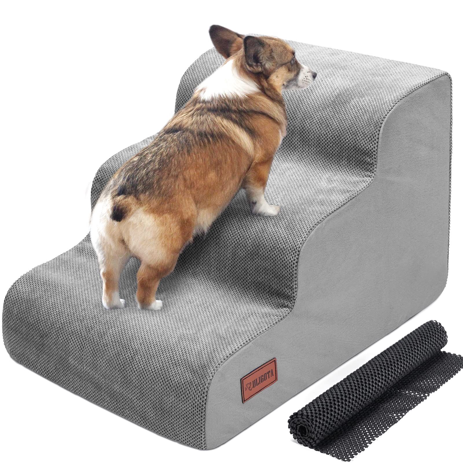 犬用ステップ 3段 ドッグステップ 犬用スロープ 犬用踏み台 犬用階段 小型犬 室内犬 高齢犬 滑り止めマット付き カバー取り外し 洗える 手持ち付き(グレー)★