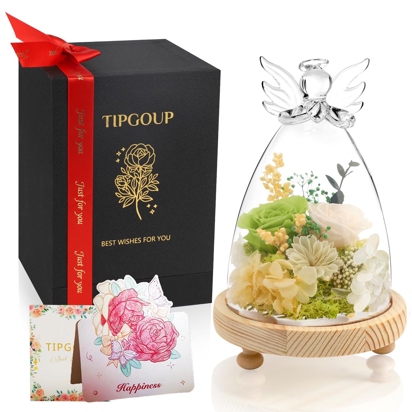 新品 プリザーブドフラワー ギフト 花 誕生日プレゼント 女性 大サイズエンジェルのガラスドーム 枯れない花 緑 人気 ホワイトデー 結婚祝い 母の日 2輪薔薇 お悔やみ お供え 彼女 記念日 ボックス付き