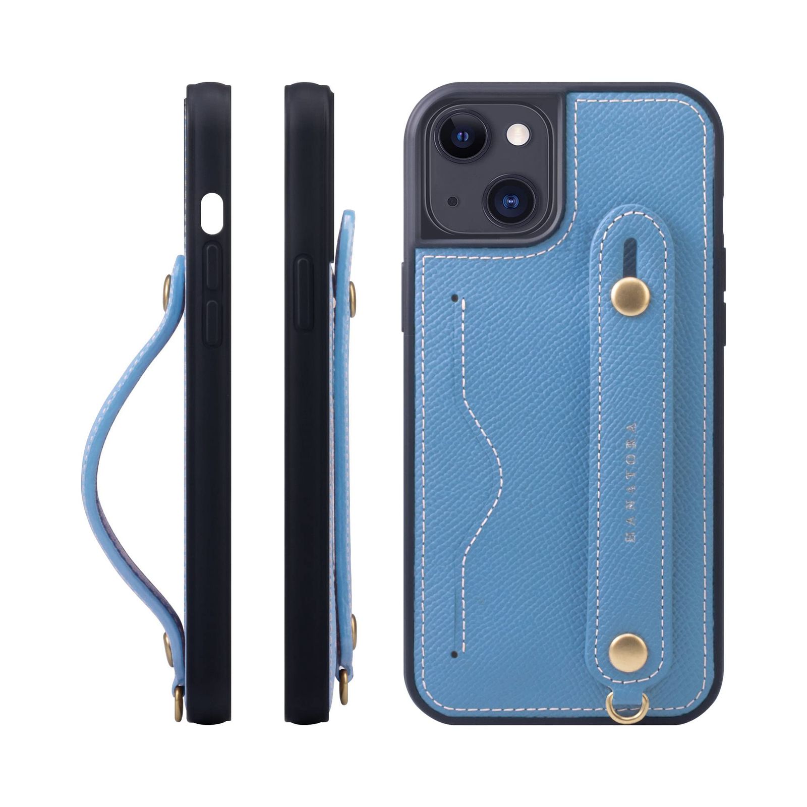 新品 HANATORA for iPhone 15Plus ケース 本革 耐衝撃 背面ベルト カードポケット スマホケース スマホ スタンド機能 ネック ストラップ 付き エンボスレザー ギフト マグネットなし ブルー イドラ NCGH-15Plus-Blue