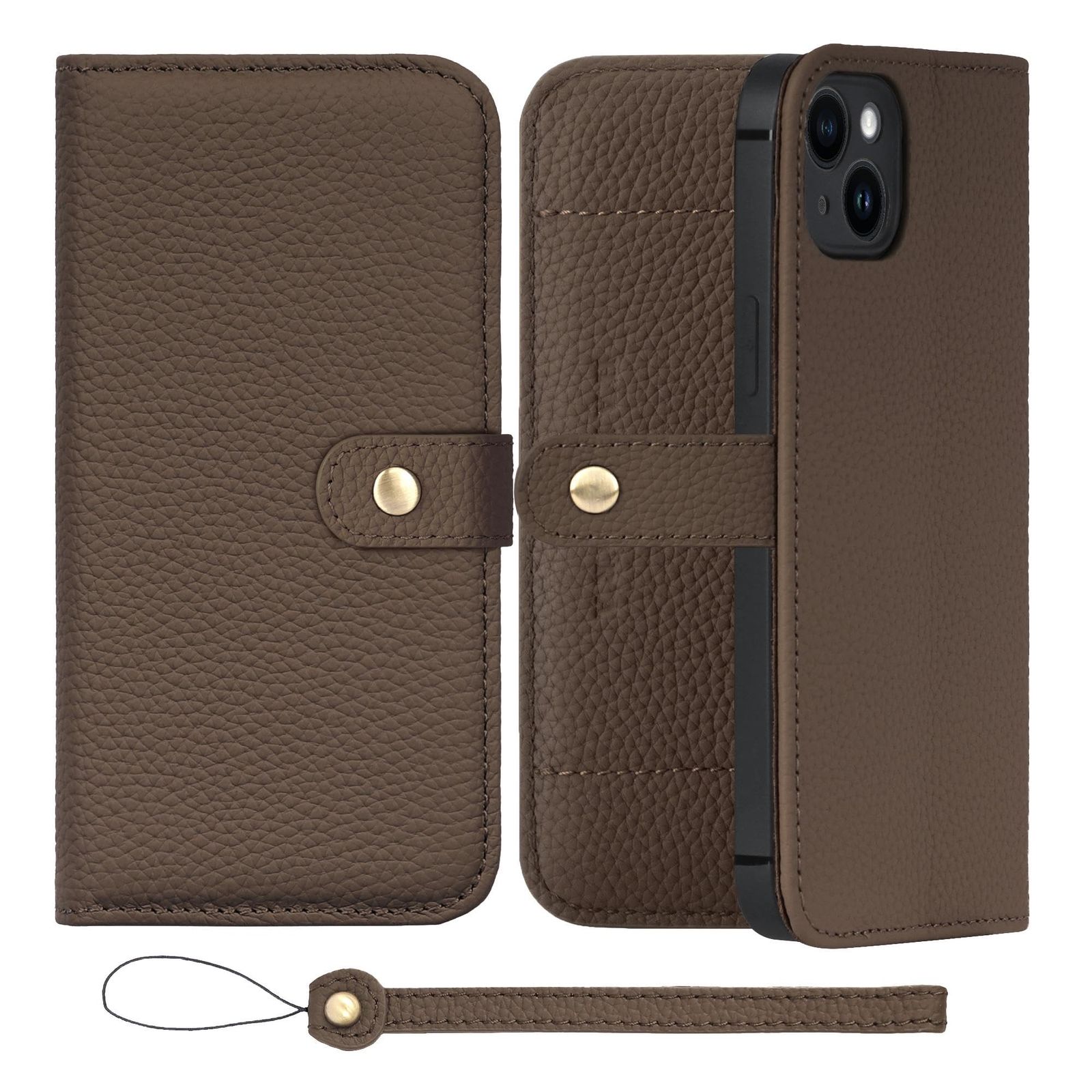 新品 HANATORA for iPhone 14Plus ケース 手帳型 本革 スマホケース スマホ スタンド ストラップ 付き シュリンクカーフレザー ベルトあり マグネットなし トープ H1SPB-14Plus-Taupe ギフト 誕生日 女性 男性 彼
