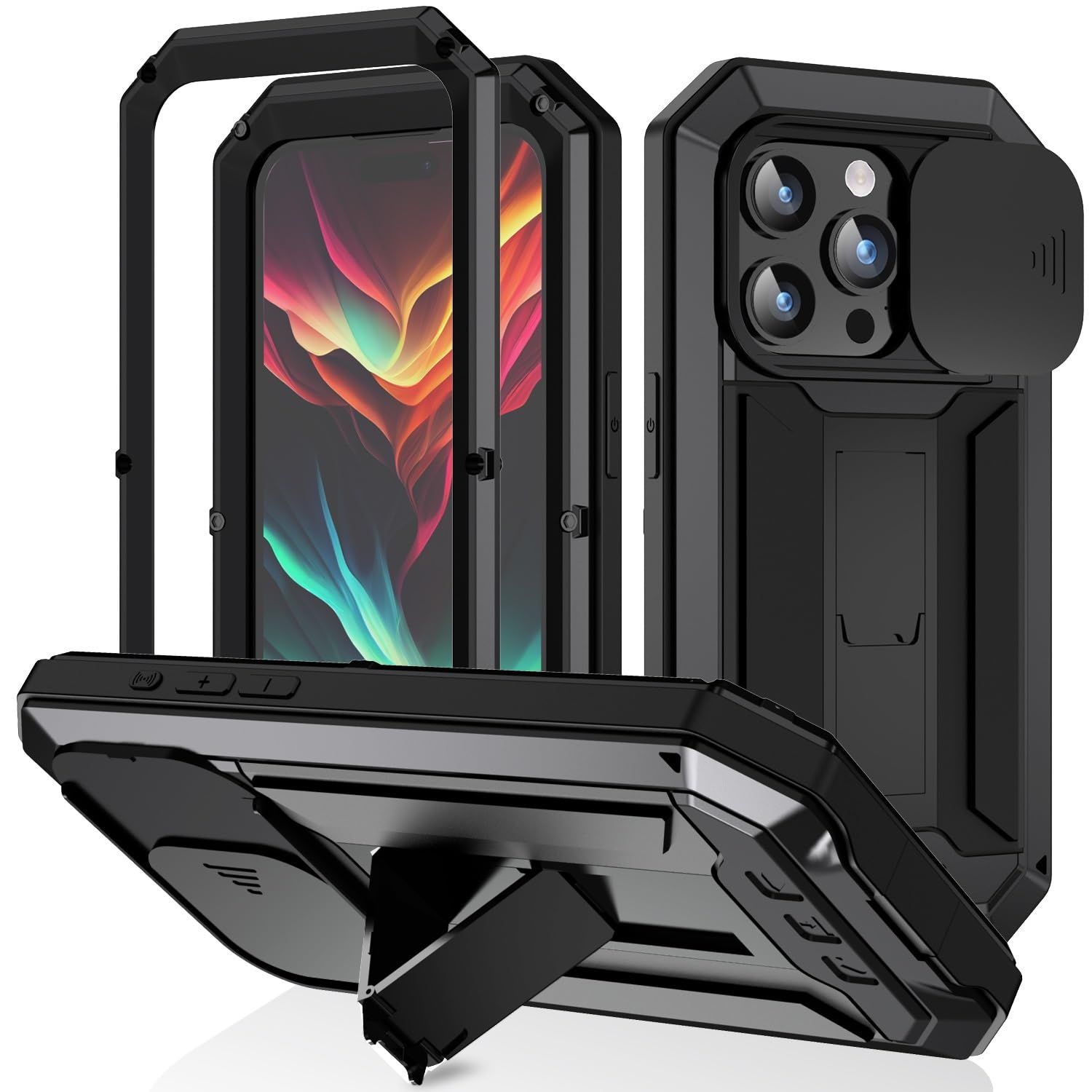新品 360 強力保護 iPhone 15 Pro ケース スライド式カメラカバー 耐衝撃 軍用 アルミニウムバンパー 防塵 スタンド機能 最強級金属合金強化ガラスフィルム シリコーン 生活防水 男性 個性 (黒)