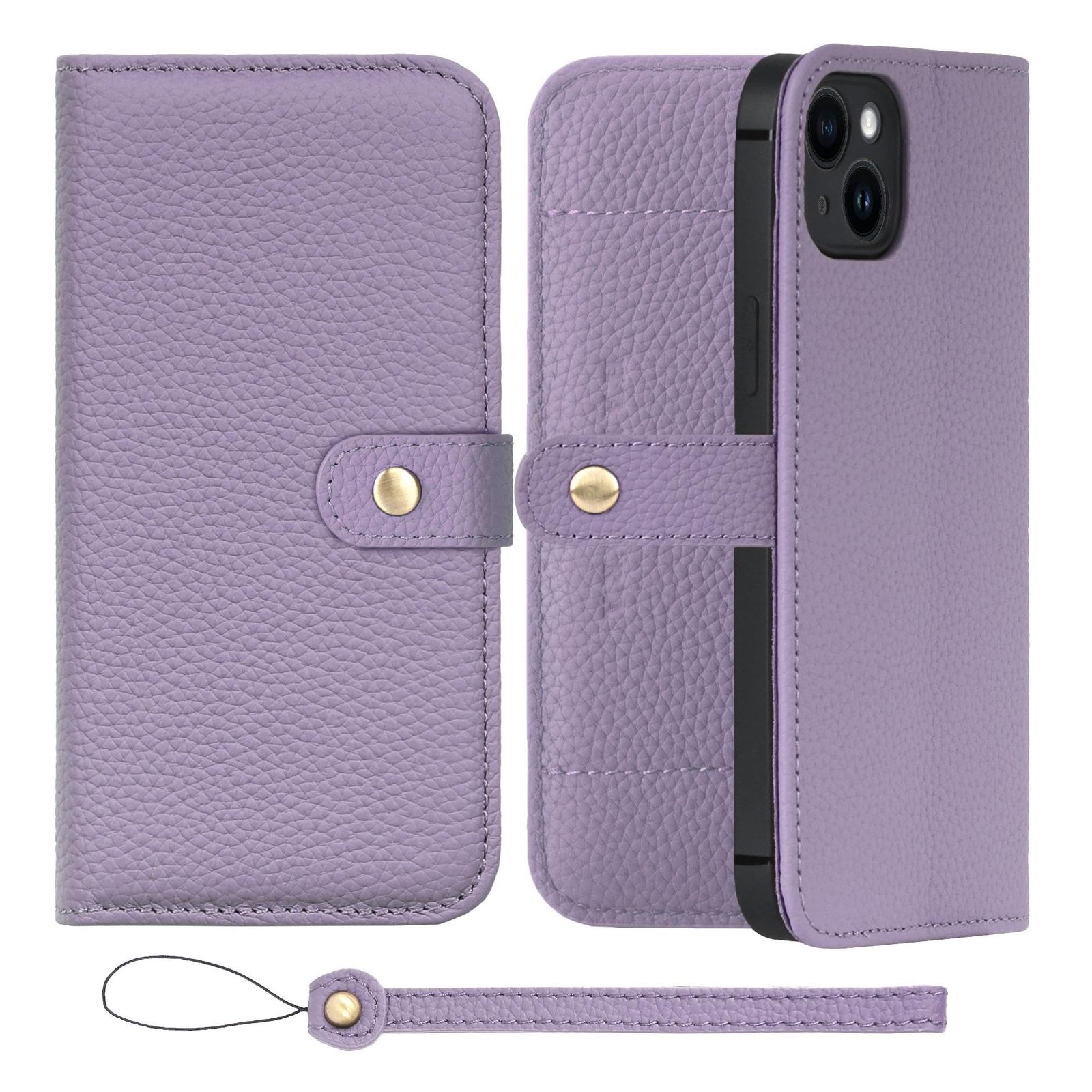 新品 HANATORA for iPhone 15Plus ケース 手帳型 本革 スマホケース スマホ スタンド ストラップ 付き シュリンクカーフレザー ベルトあり マグネットなし パープル H1SPB-15Plus-Purple ギフト 誕生日 女性 男性
