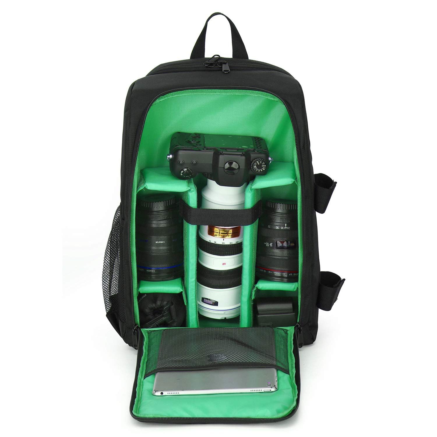 新品 カメラリュック カメラバッグ カメラバックパック プロ級 一眼レフバッグ カメラバック 登山 パソコン収納スペース付き 三脚運搬 撥水 耐衝撃 アウトドア撮影 適用機種Canon、Nikon、Sonyなど 中は緑
