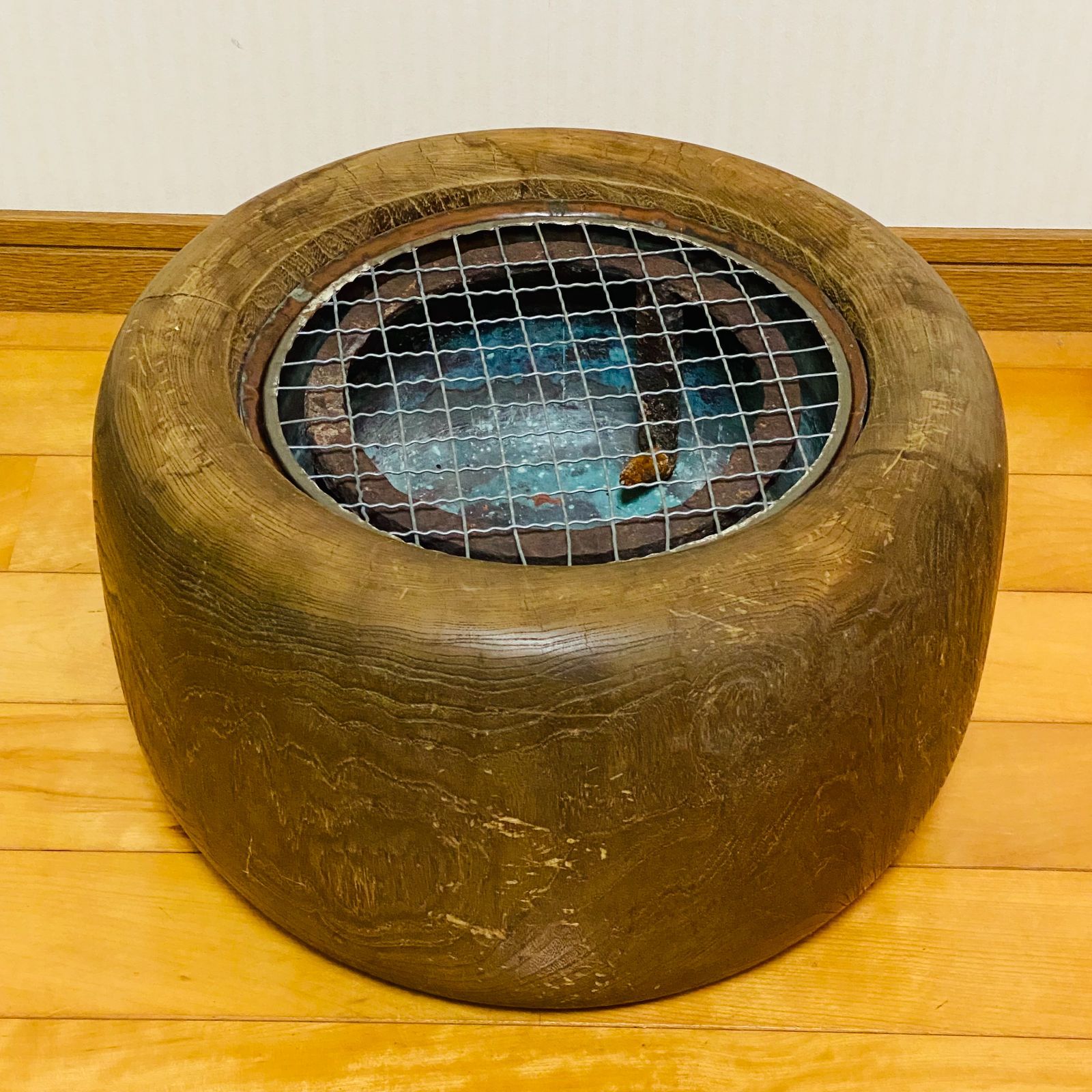 火鉢 木製 銅炉付 五徳付 金網付 直径約38cm H約23cm 送料込み 