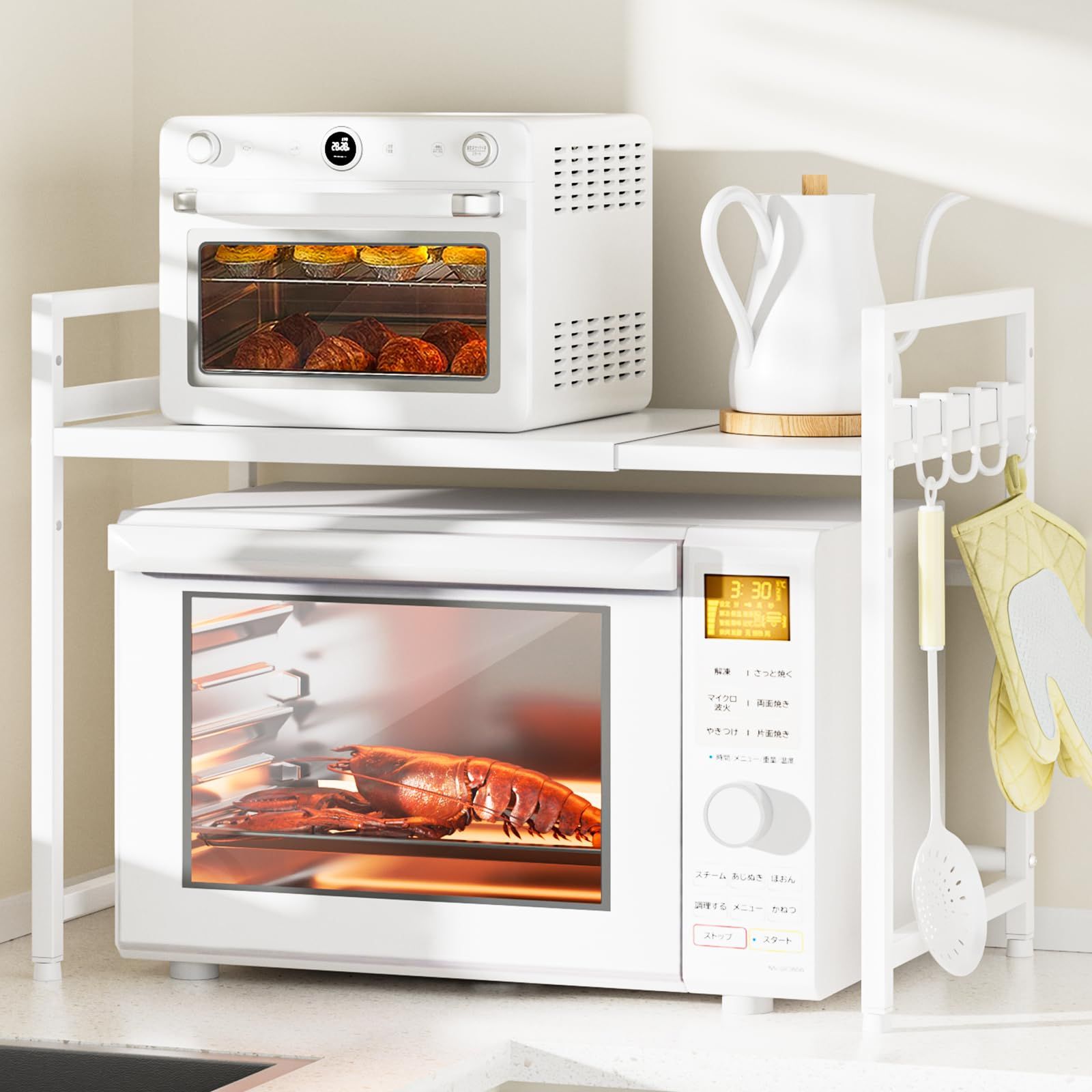 DAIWIN レンジ上ラック トースターラック レンジ置き台 伸縮式 幅36~65cm 棚板高さ調節可 耐荷重50kg シンク上キッチン収納 フック4個付き (ホワイト)koe fa3ee8ea