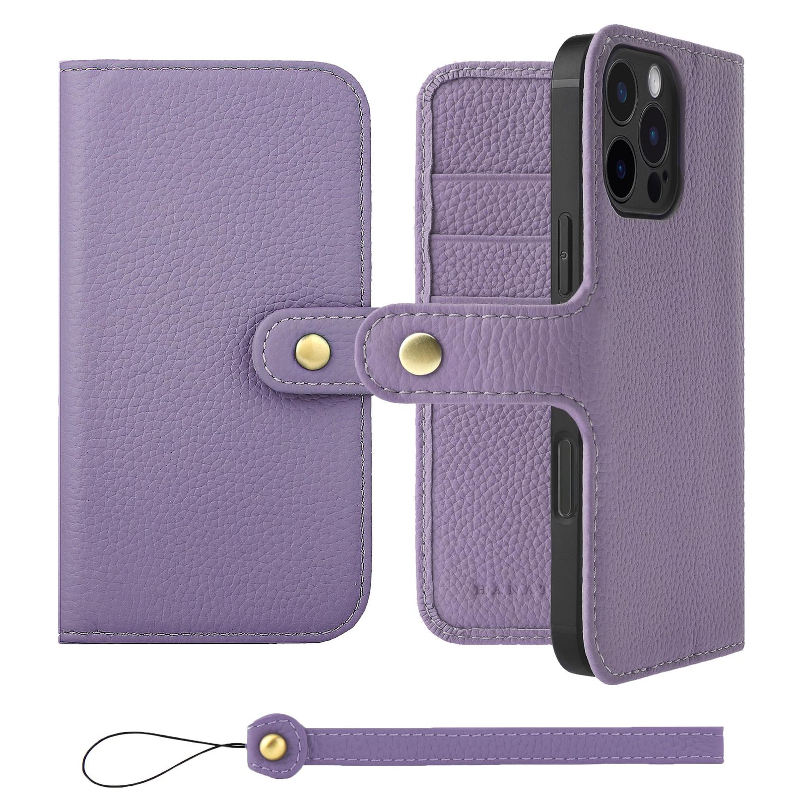 新品 HANATORA for iPhone 16ProMax ケース 手帳型 本革 スマホケース スマホ スタンド ストラップ 付き シュリンクカーフレザー ベルトあり マグネットなし パープル H0XB-16ProMax-Purple ギフト 誕生日 女性