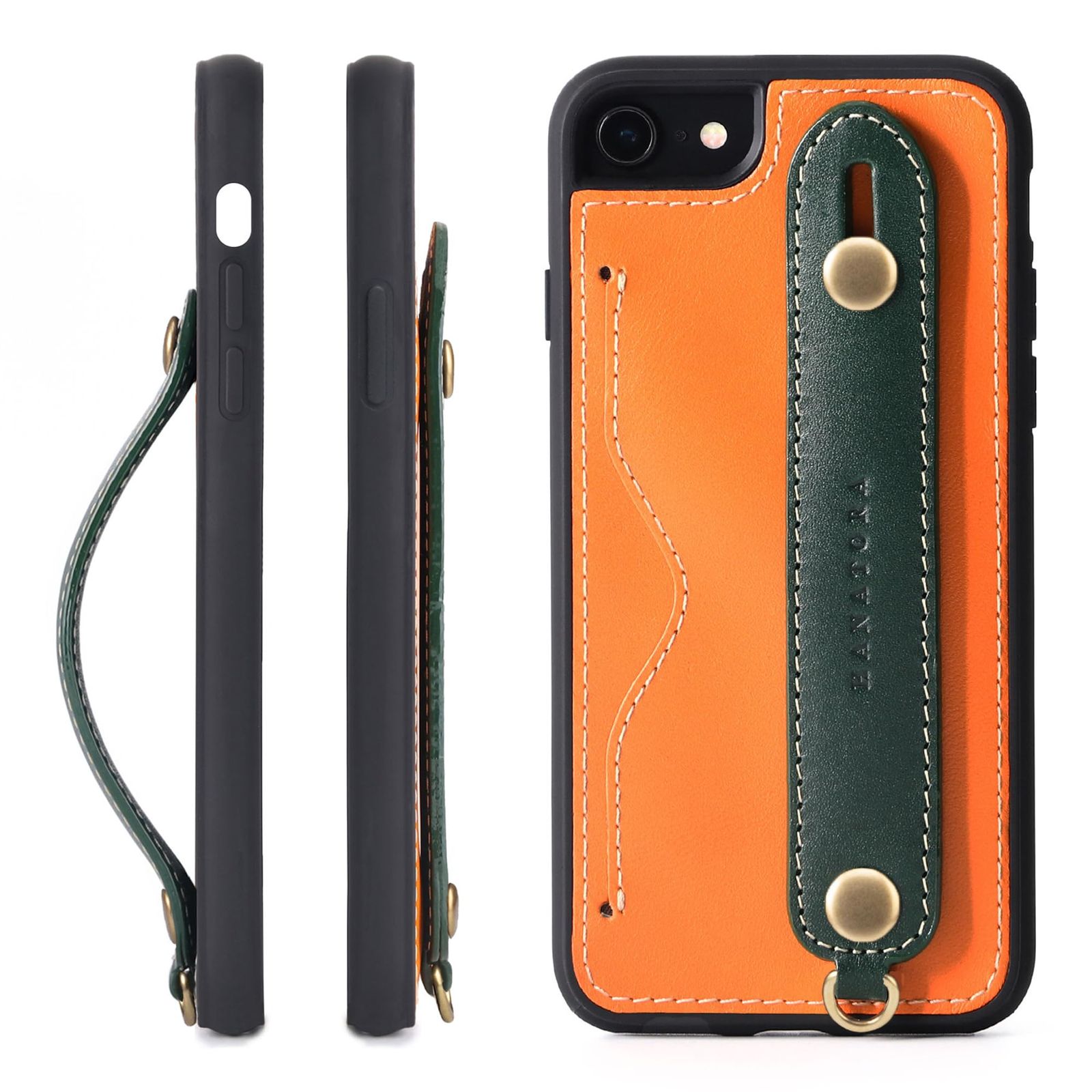新品 HANATORA for iPhone 8 7 SE3 SE2 (第3世代 第2世代) ケース 本革 耐衝撃 背面ベルト ストラップリング スマホケース スマホ スタンド機能 ネックストラップ 付き イタリアンレザー ギフト オレンジ+グリーン CGH-