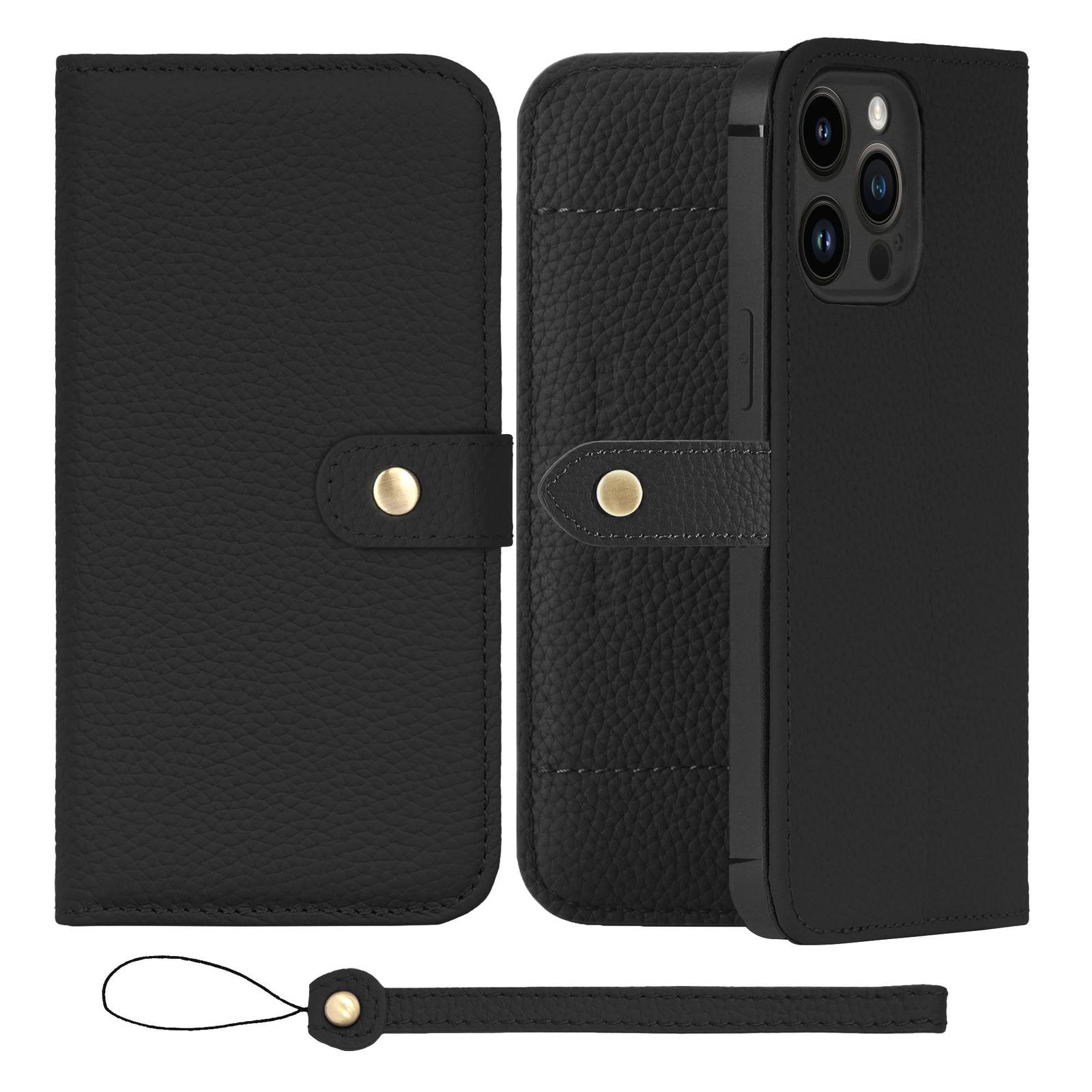 新品 HANATORA for iPhone 14ProMax ケース 手帳型 本革 スマホケース スマホ スタンド ストラップ 付き シュリンクカーフレザー ベルトあり マグネットなし ブラック H1SPB-14ProMax-Black ギフト 誕生日 女性