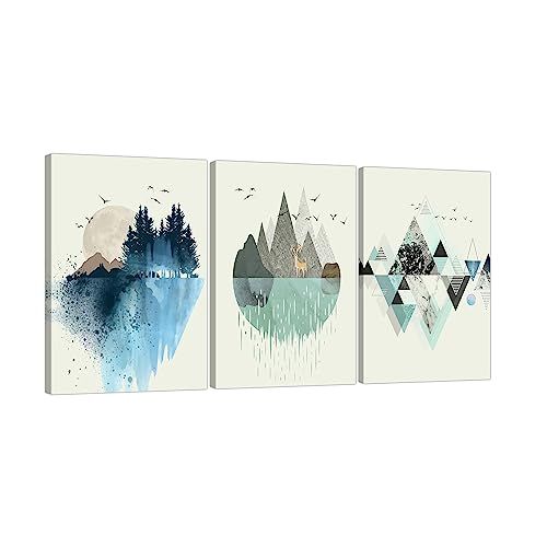 現代ポスター装飾アートパネル北欧シンプルな緑の山の絵画壁掛けソファリビングルーム背景ホームウォールアート装飾完成木枠 (30X40cmX3pcs, 北欧の風景)送料無料
