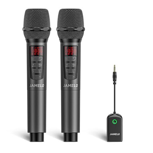 JAMELO ワイヤレスマイク 充電式ダイナミックマイク 2.4GHz 6つのリバーブモード マイクロフォン 3.5MMレシーバ付き 高音? 受信機 1/8”出力 アンプ用 PAシステム/パーティー/カラオケ/教会【2本セット】 国内発送 e16ce3fe