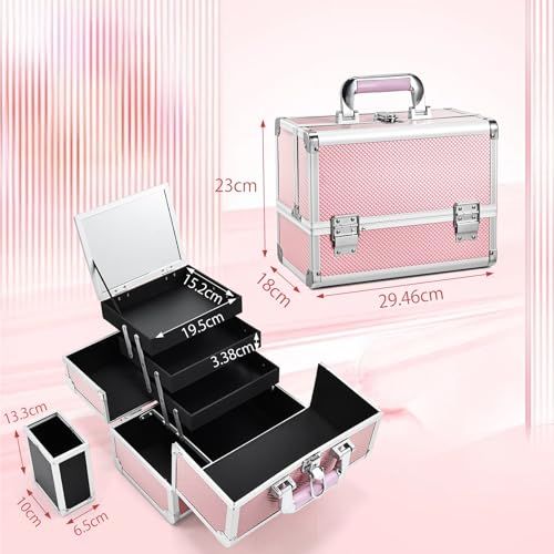 Joligrace メイクボックス 大容量 プロ仕様 化粧品収納ボックス 化粧箱 化粧ボックス 鏡付き 3段トレイ 化粧品 収納 メイク収納 ネイル収納 コスメボックス 鍵付き (ピンク)as b3b35ddc