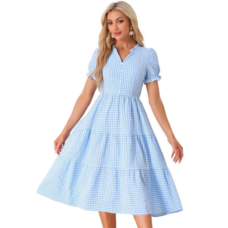アレグラ ケー レディース トップス ワンピース Vネック ギンガムチェック フリル ギンガム ALLEGRA K Gingham Dress For Womensummeruffle Trim V Neck Button Decor Dress Blue ブ