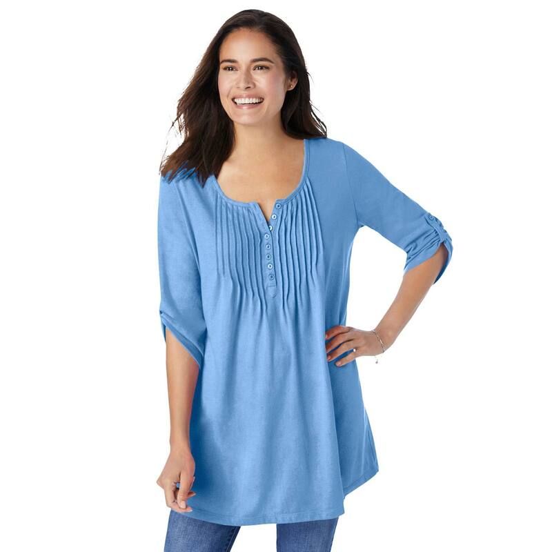 ウーマン ウィズイン レディース トップス Tシャツ プラスサイズ Woman Within Plusize 7Day ThreeQuarter Sleeve Pintucked Henley Tunic French Blue ブルー