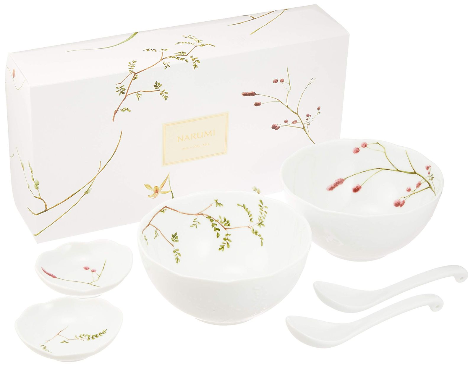 新品 NARUMI(ナルミ) 丼セット 里花暦(さとはなごよみ) グリーン 花柄 2柄セット かわいい 6ピース入り どんぶり 結婚祝い プレゼント 電子レンジ温め対応 日本製 ギフト箱入り 40912-33086