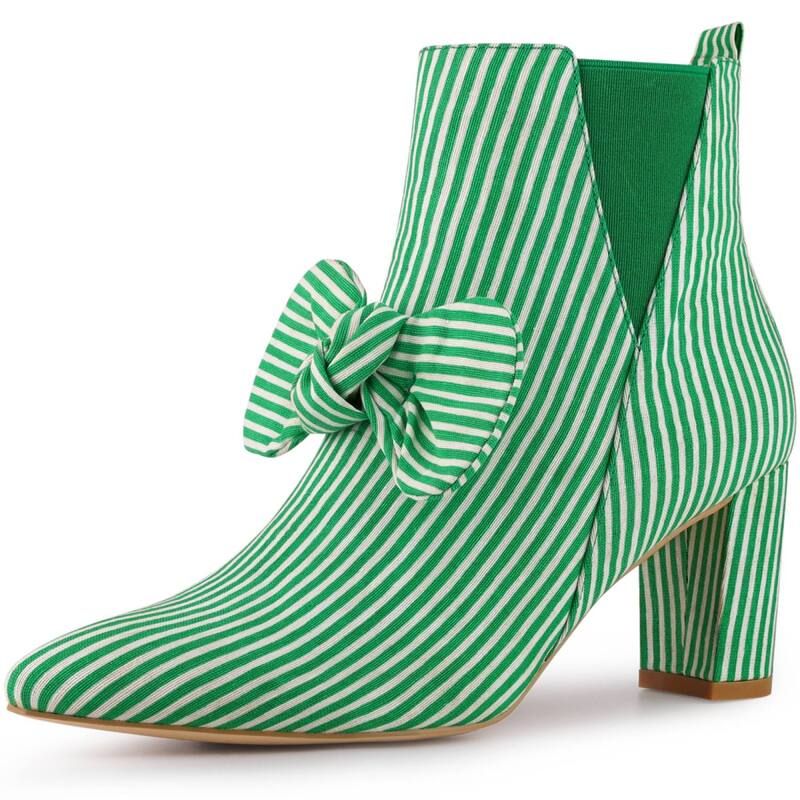 アレグラ ケー レディース シューズ ブーツ・レインブーツ アンクル ヒール ALLEGRA K Womens Pointed Toe Bow Striped Chunky Heels Ankle Boots Green グリーン