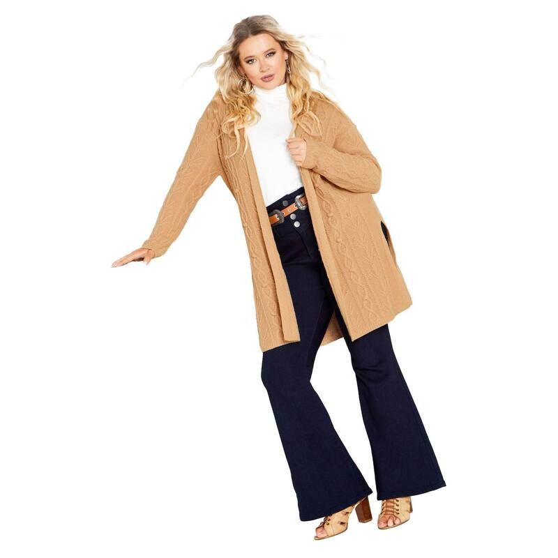 アベニュー レディース アウター ニット・セーター プラスサイズ カーディガン Avenue Womens Plusize Camilla Cable Knit Hooded Cardigan Latte