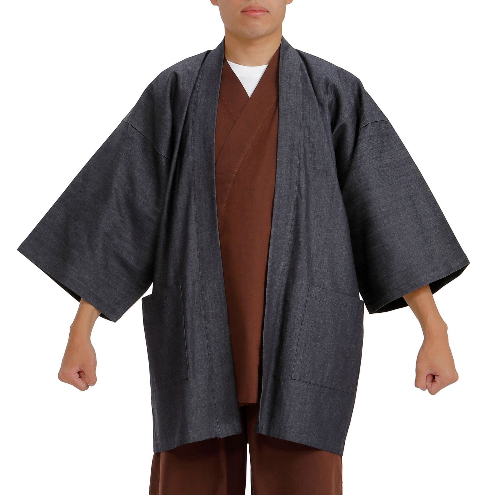 新品 [江戸てん]羽織 はっぴ 上着 日本製生地 洗える 和風カーディガン 野良着 作業着 国産デニム濃紺無地 Lサイズ