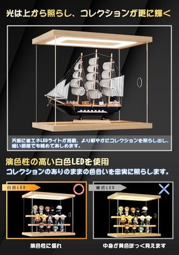 KUKERフィギュアケース コレクションケース アクリルケース LED照明付き ディスプレイケース ショーケース クリアケース 展示ケース ひな壇 扉付き 木製 組み立て簡単 手袋 防汚れ クリーニングクロス付き（LEDホワイト・ひな壇4段・ 72756b16
